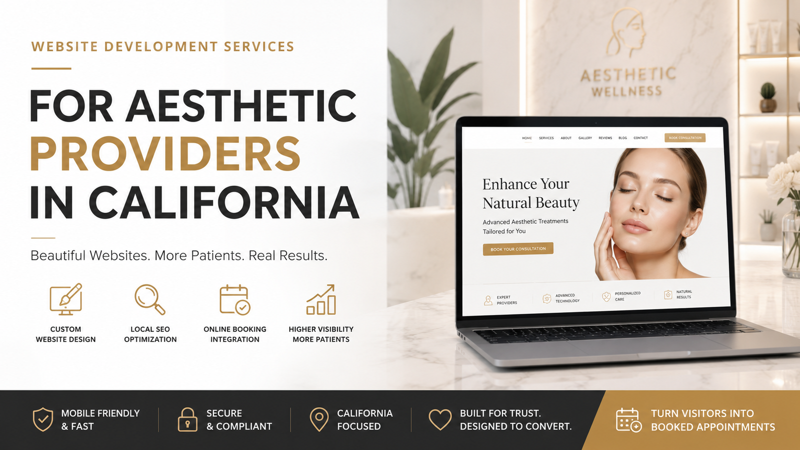Expert website development services for aesthetic providers in California. Custom med spa websites, SEO, local search optimization, and patient-focused design.